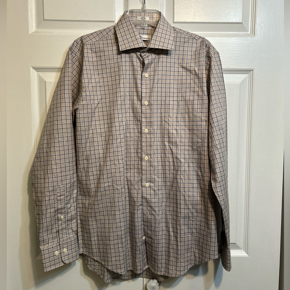 Peter Millar Plaid Button Front Shirt Men's Size M Medium Beige Blue Multicolor